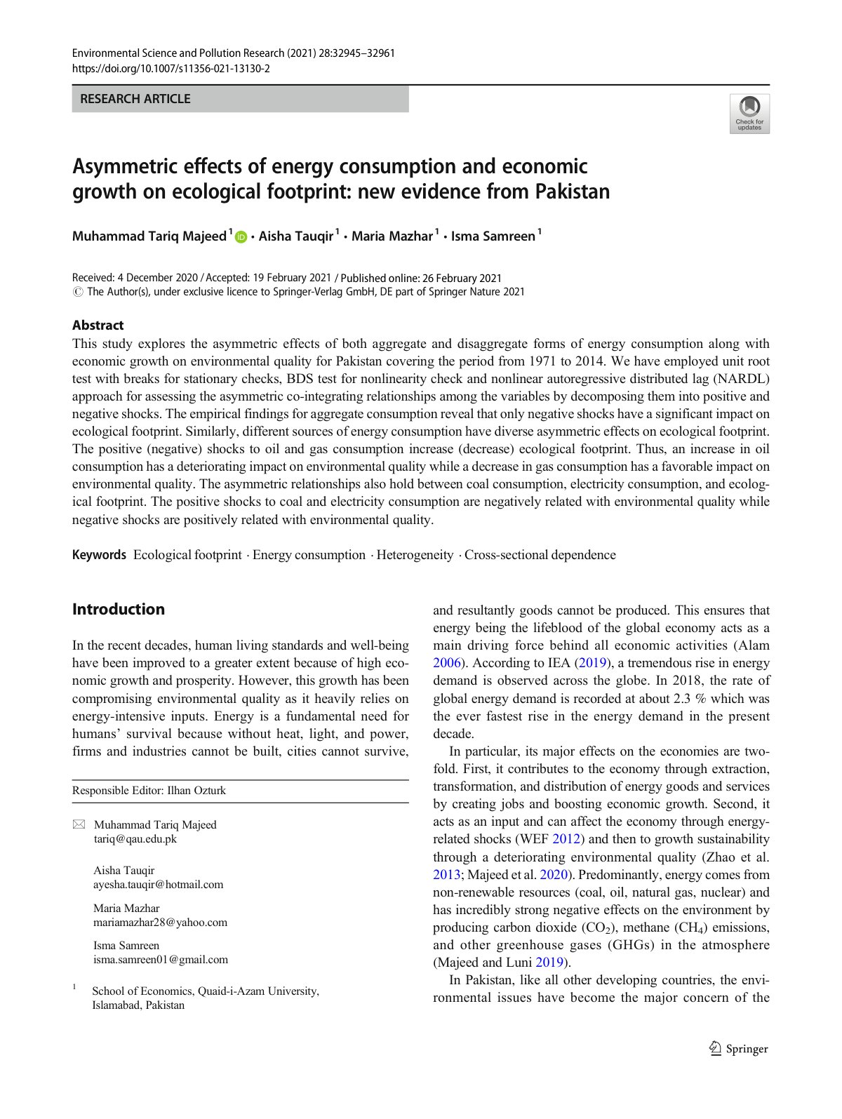 First page of Asymmetric effects of energy consumption and economic growth on ecological footprint: new evidence from Pakistan