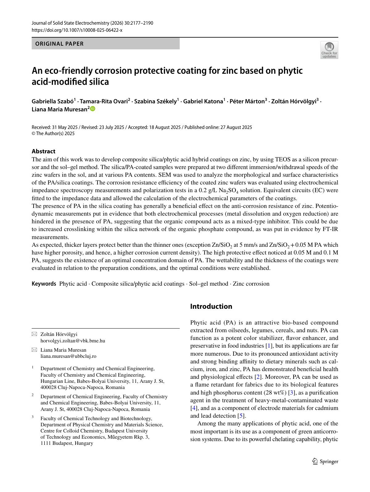 First page of 2025 Szabo Phytic Acid Zinc Coating
