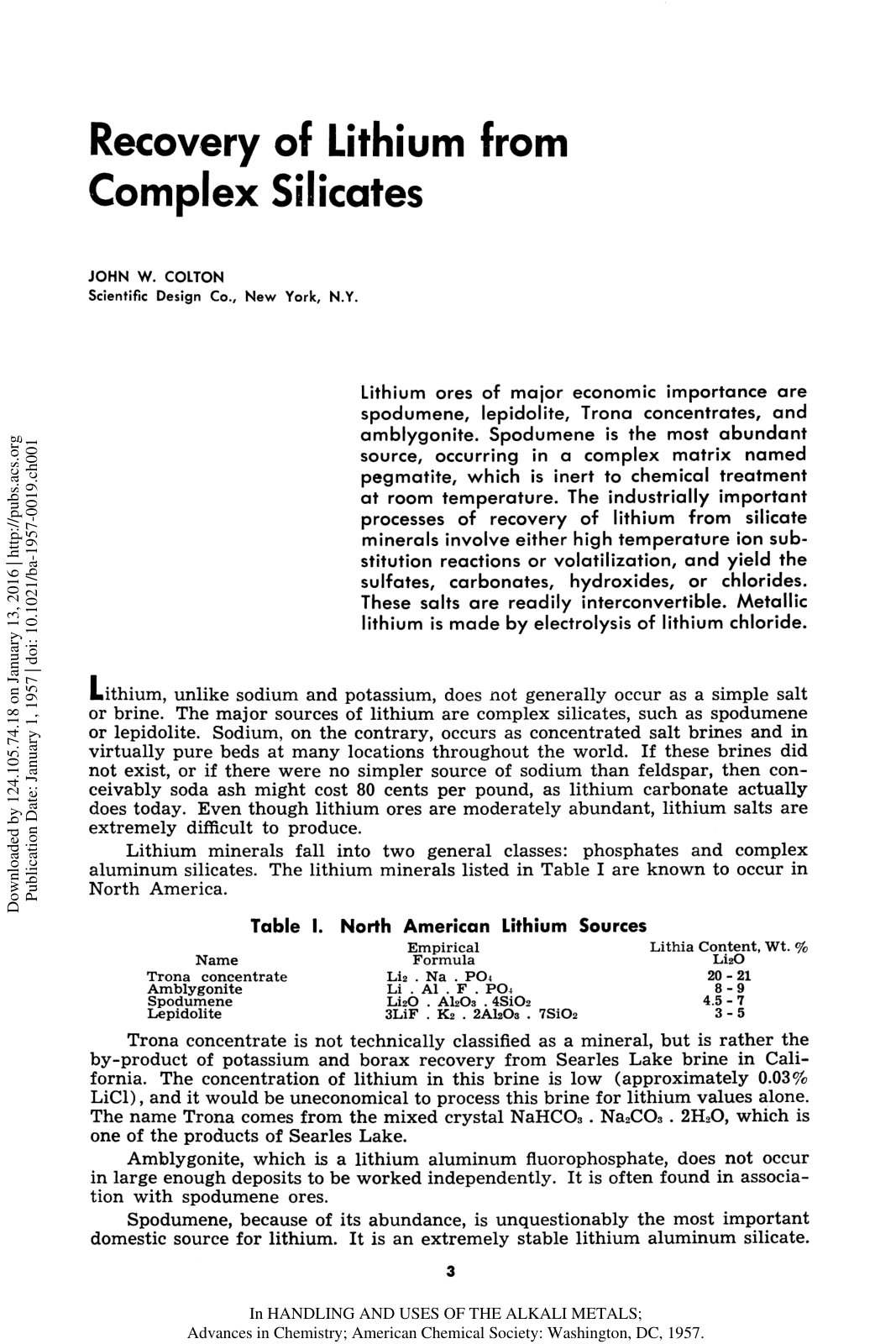 First page of Recovery of Lithium from Complex Silicat