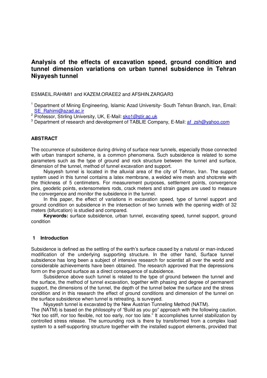 First page of Analysis of the effects of excavation speed, ground condition and tunnel dimension variations on urban tunnel subsidence in Tehran Niyayesh tunnel