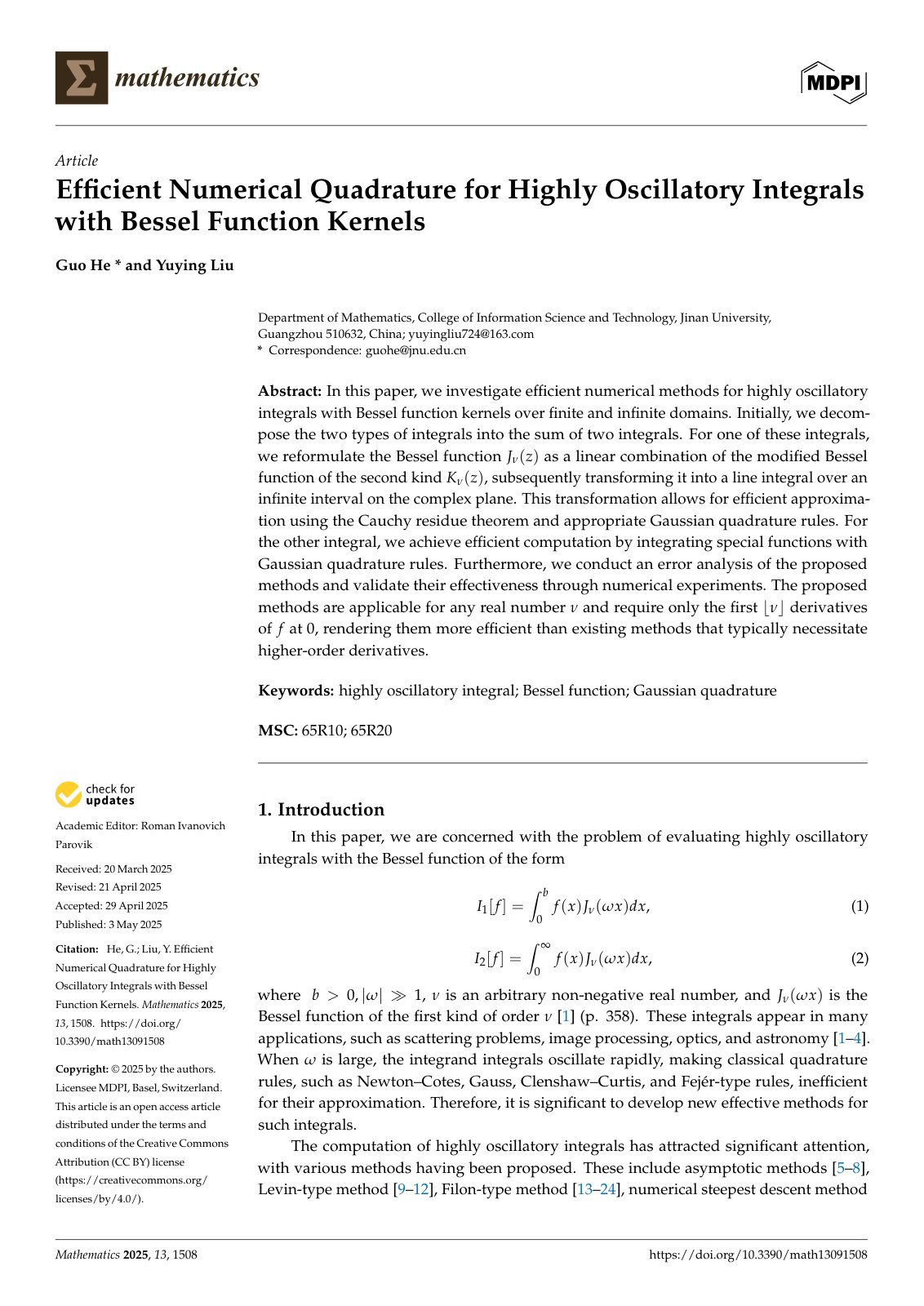 First page of Efficient Numerical Quadrature for Highly Oscillatory Integrals with Bessel Function Kernels