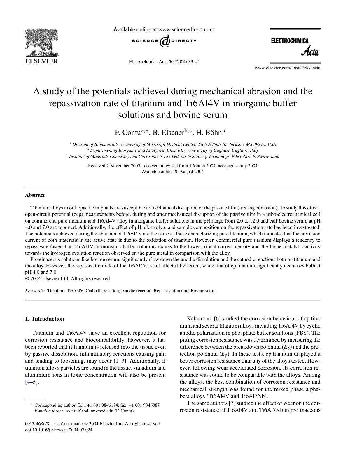 First page of A study of the potentials achieved during mechanical abrasion and the repassivation rate of titanium and Ti6Al4V in inorganic buffer solutions and bovine serum