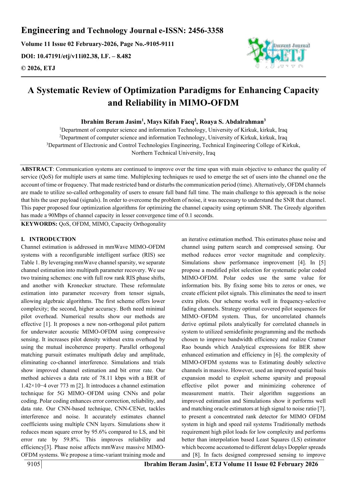 First page of A Systematic Review of Optimization Paradigms for Enhancing Capacity  and Reliability in MIMO-OFDM   