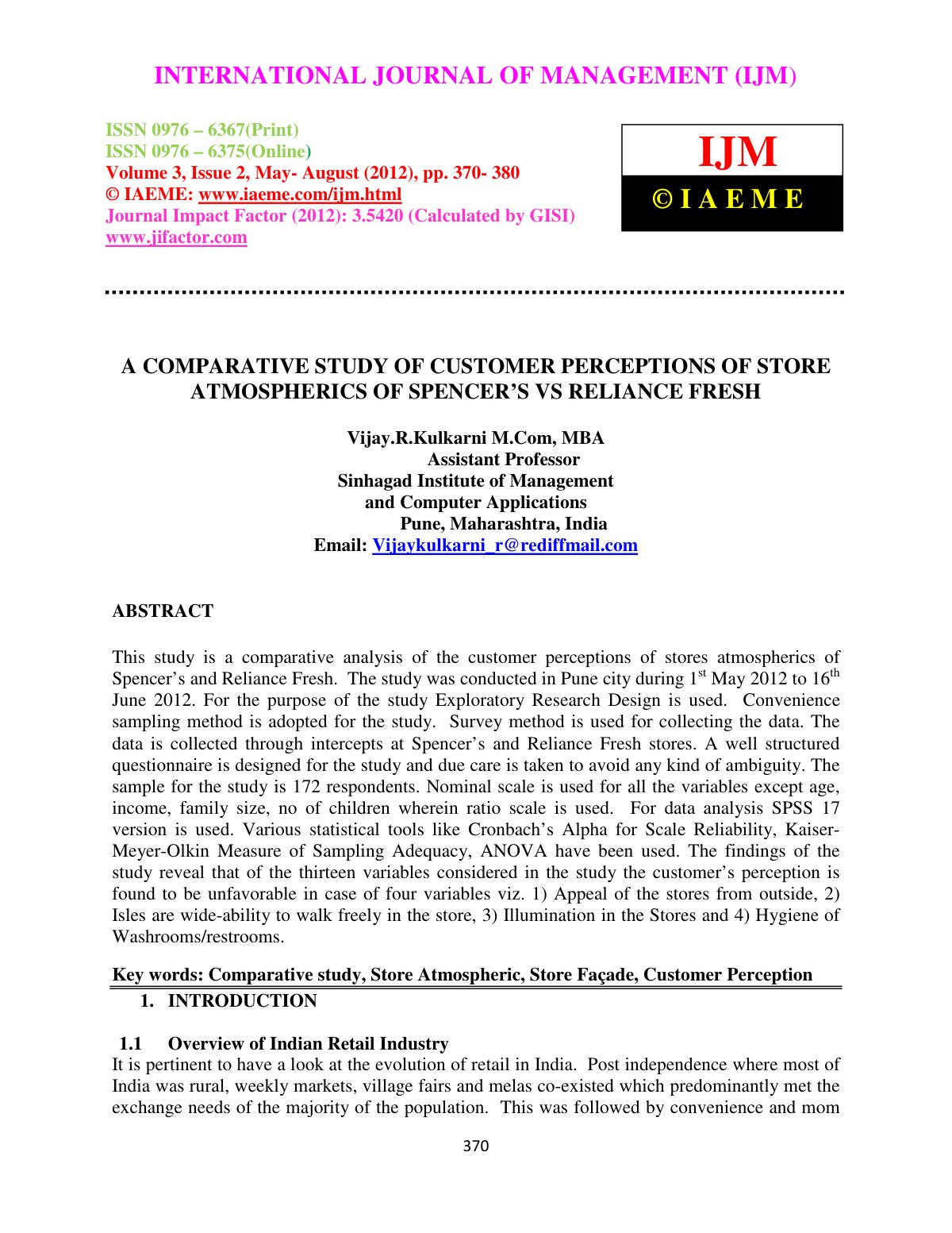First page of A COMPARATIVE STUDY OF CUSTOMER PERCEPTIONS OF STORE ATMOSPHERICS OF SPENCER’S VS RELIANCE FRESH