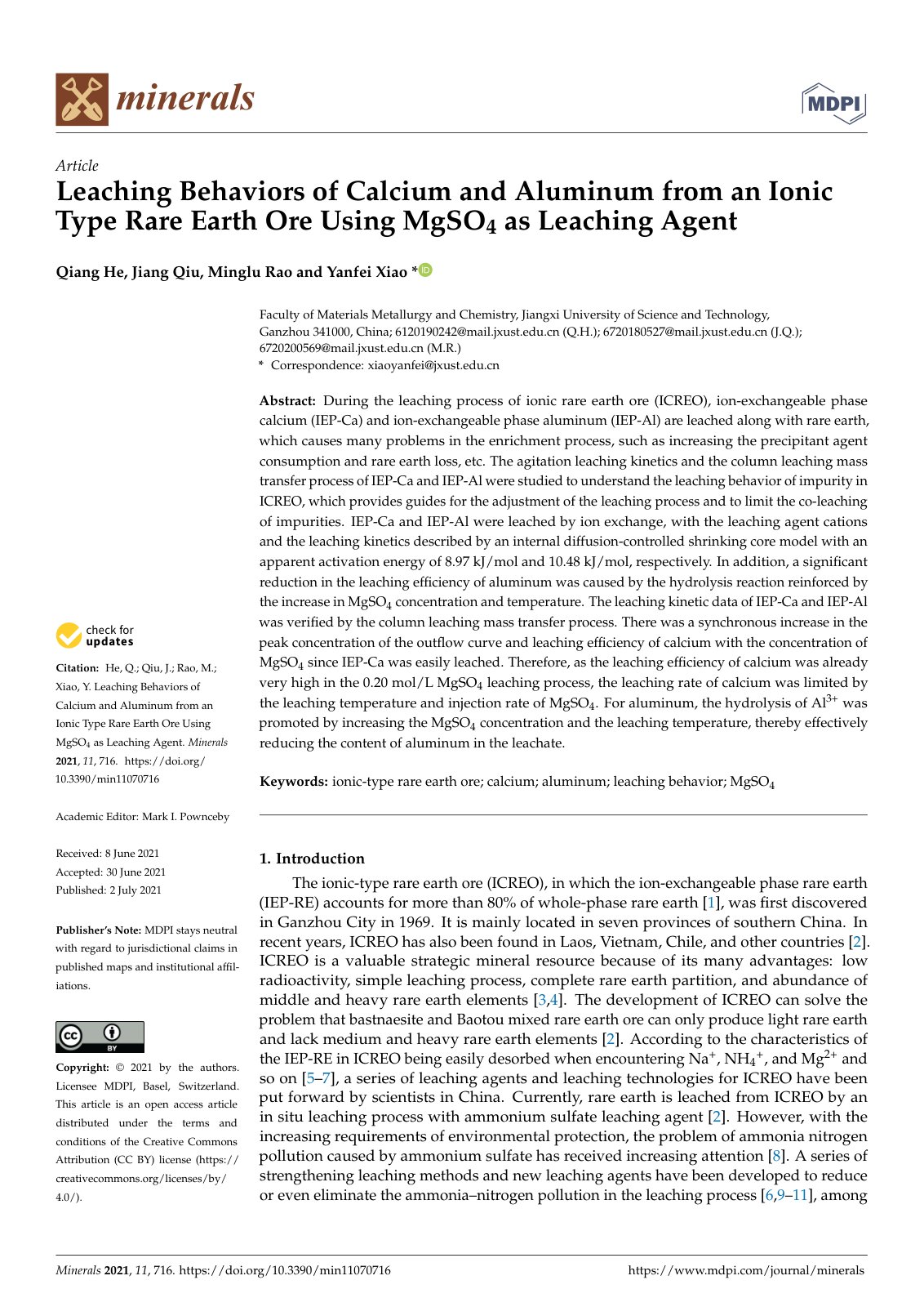 First page of 2021   He   Rare earth ore impurity leaching