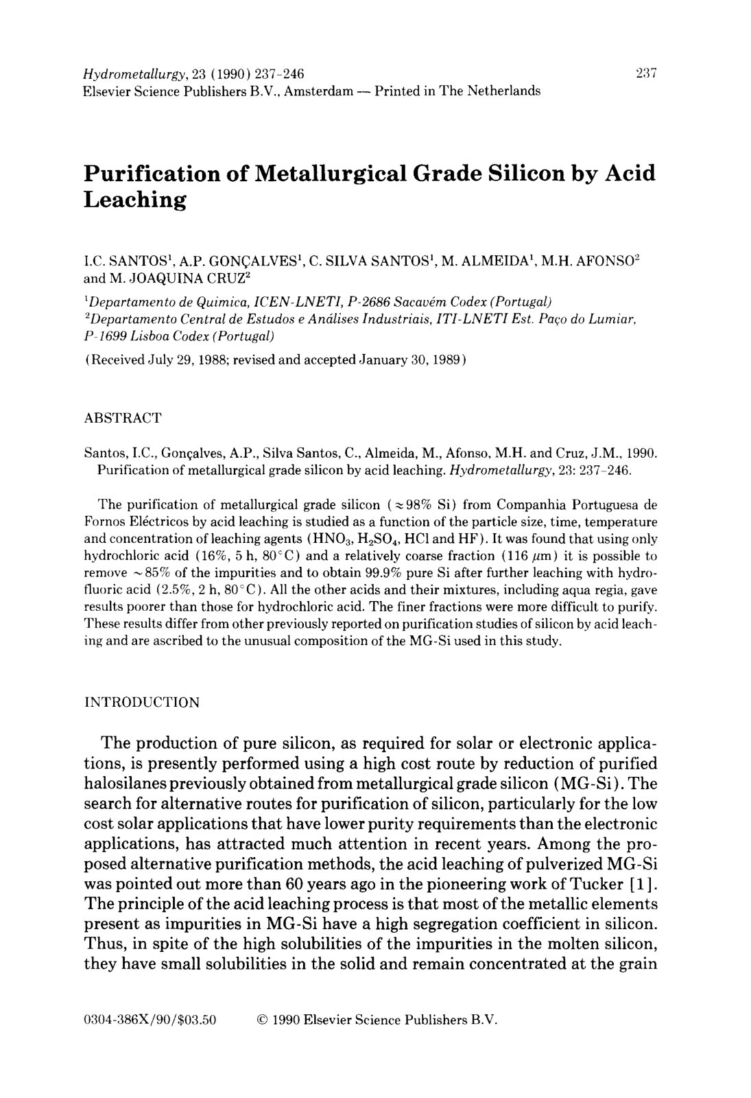 First page of Purification of Metallurgical Grade Silicon by Acid Leaching