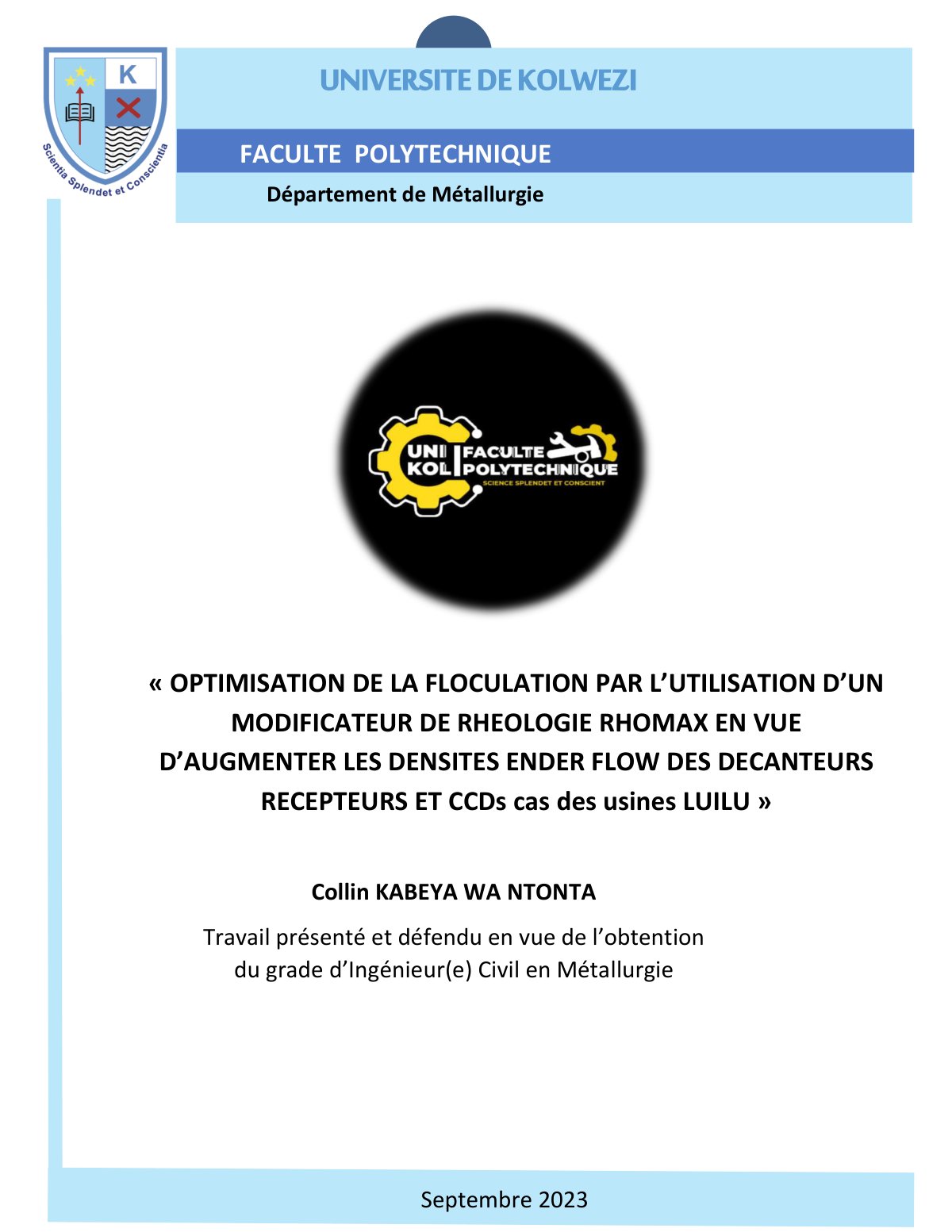 First page of OPTIMISATION DE LA FLOCULATION PAR L’UTILISATION D’UN MODIFICATEUR DE RHEOLOGIE RHOMAX EN VUE D’AUGMENTER LES DENSITES ENDER FLOW DES DECANTEURS RECEPTEURS ET CCDs cas des usines LUILU