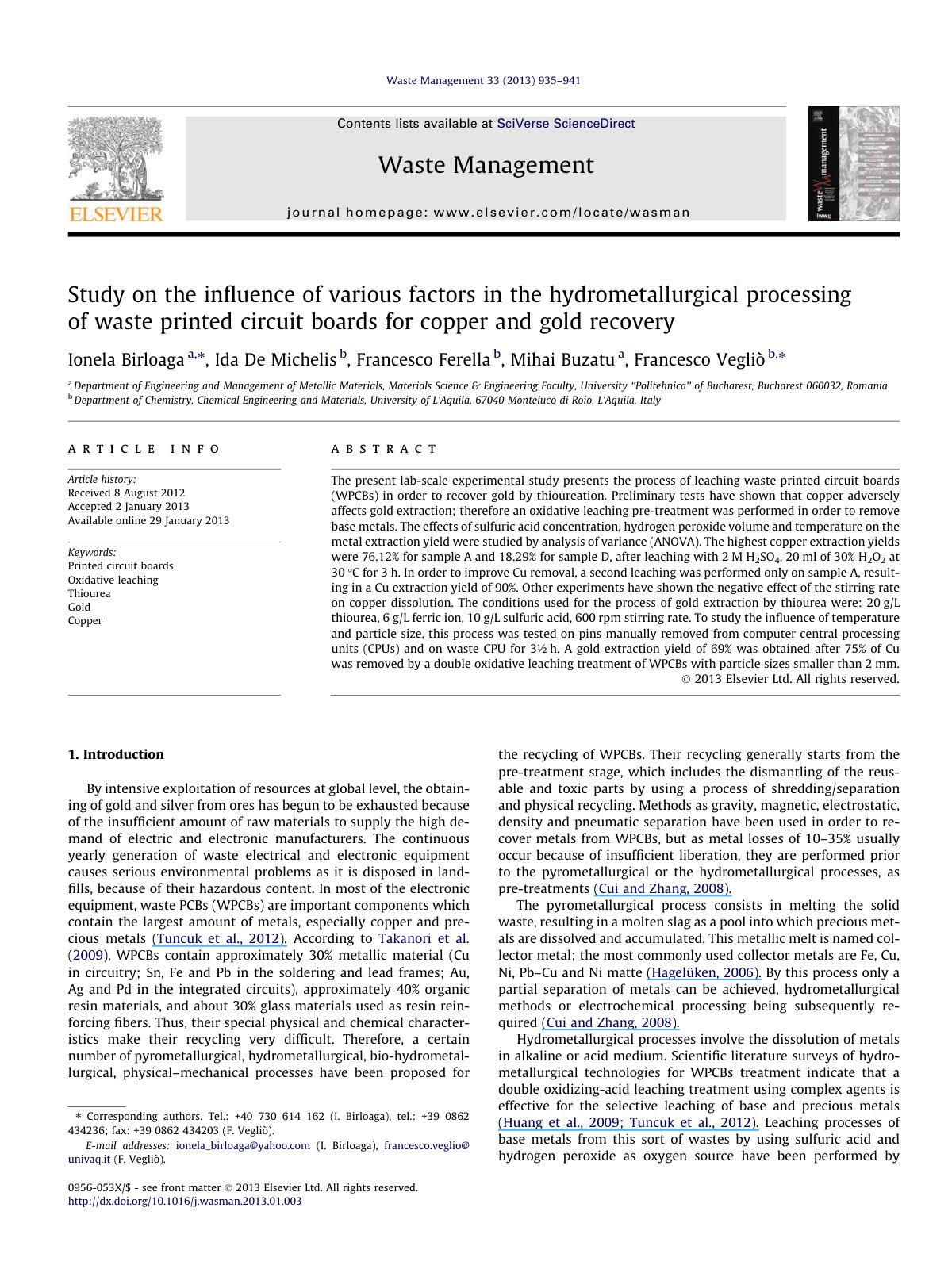 First page of Study on the influence of various factors in the hydrometallurgical processing of waste printed circuit boards for copper and gold recovery