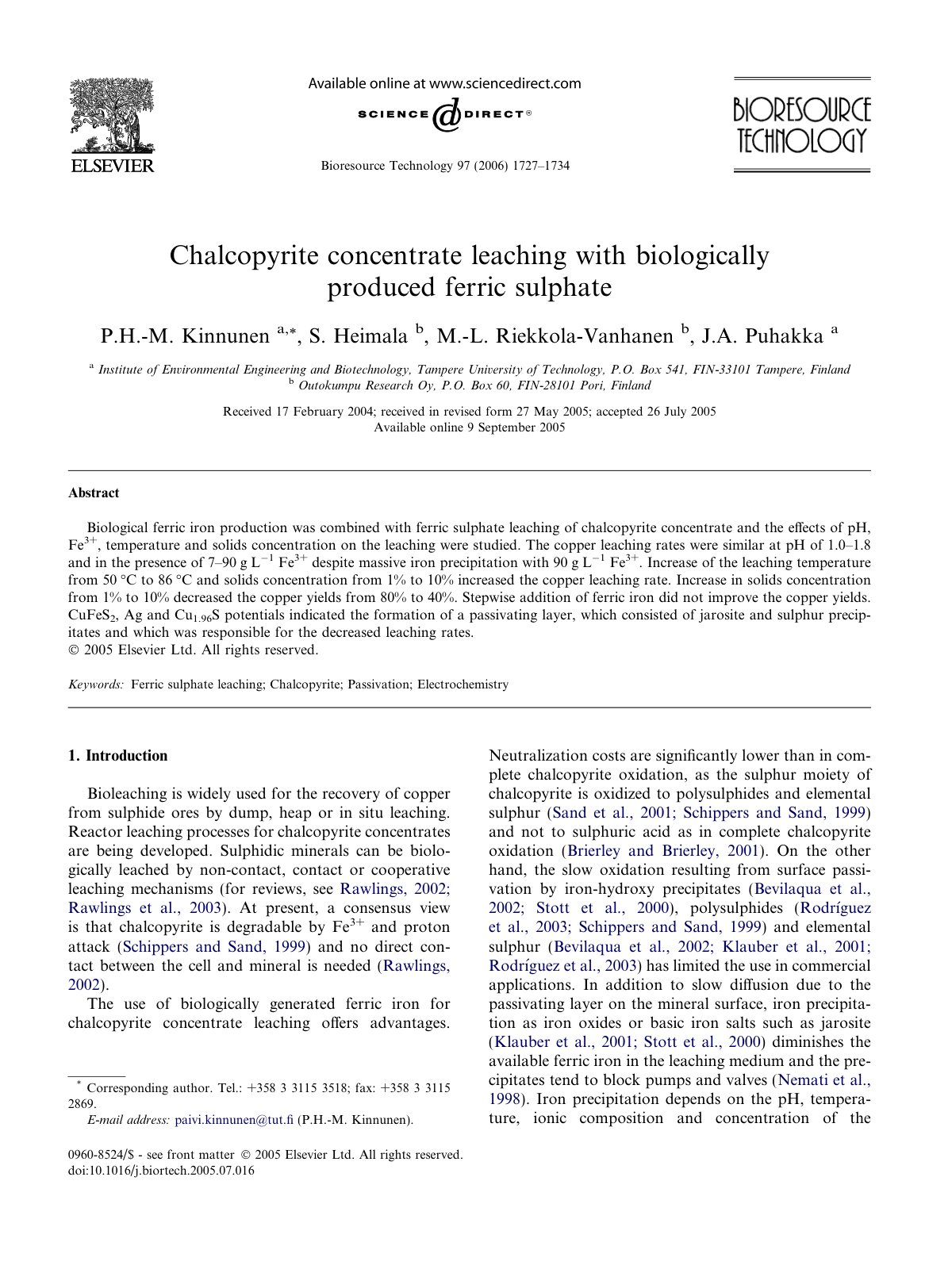 First page of Chalcopyrite concentrate leaching with b