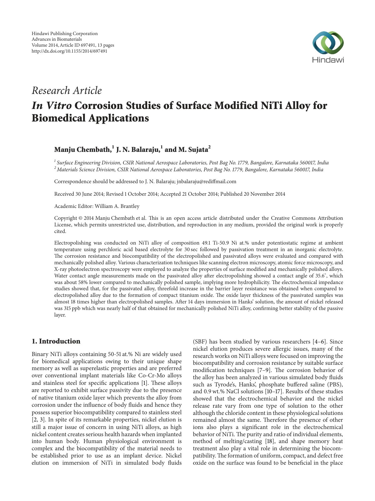 First page of In Vitro Corrosion Studies of Surface Modified NiTi Alloy for Biomedical Applications