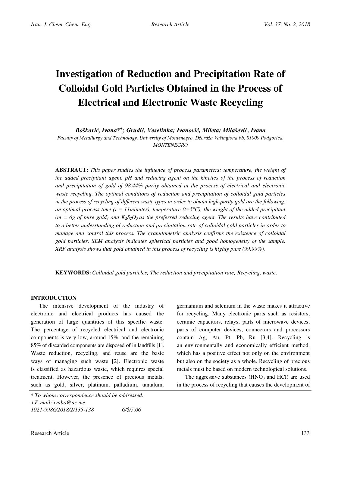 First page of Investigation of Reduction and Precipita