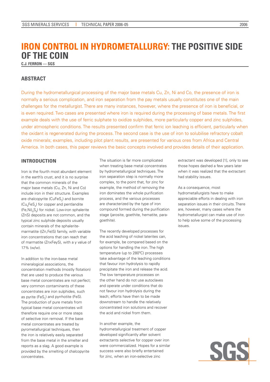First page of sgs min tp2006 05 iron control in hydrometallurgy