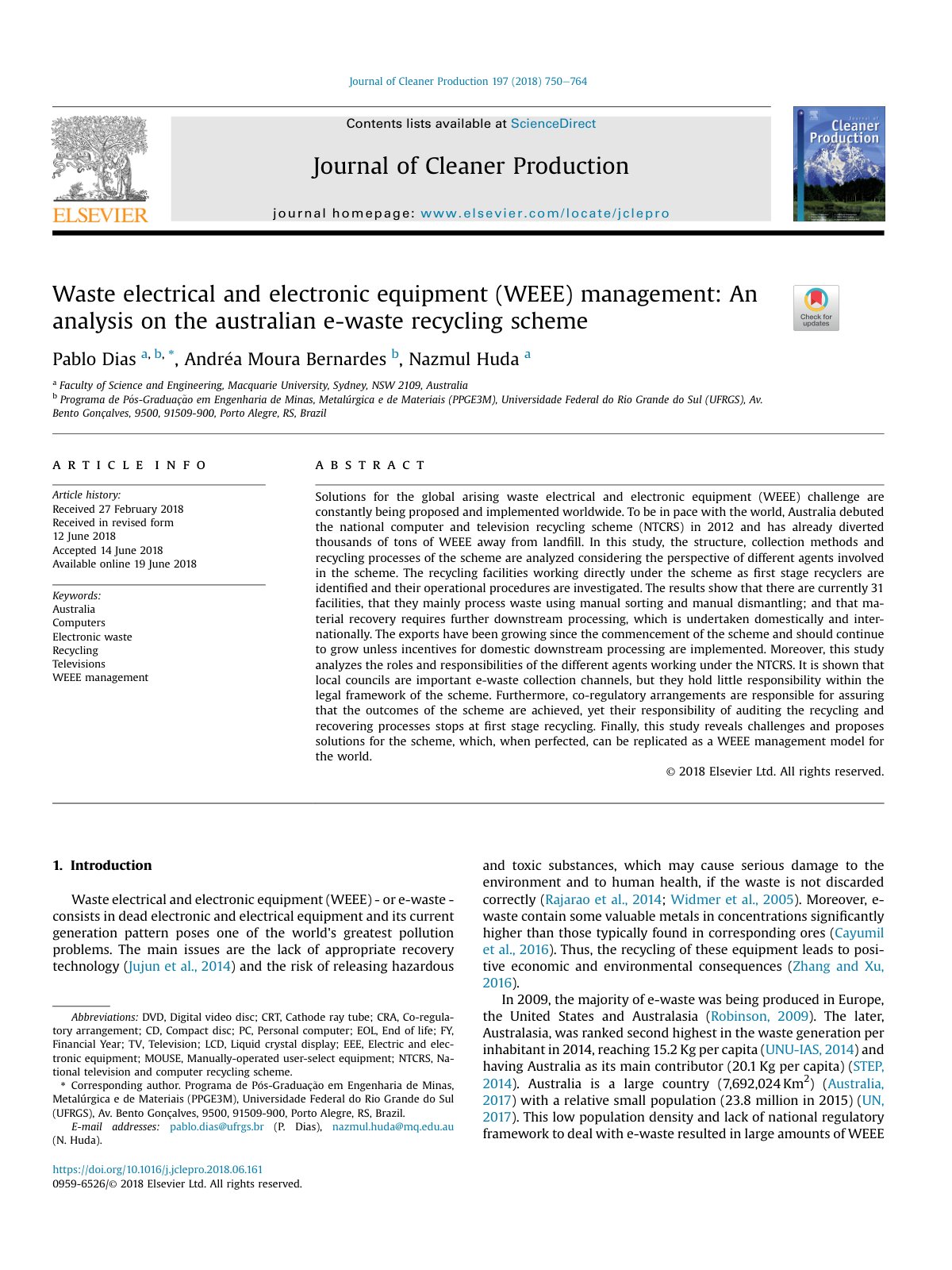 First page of Waste electrical and electronic equipment  WEEE  managem 2018 Journal of Cle
