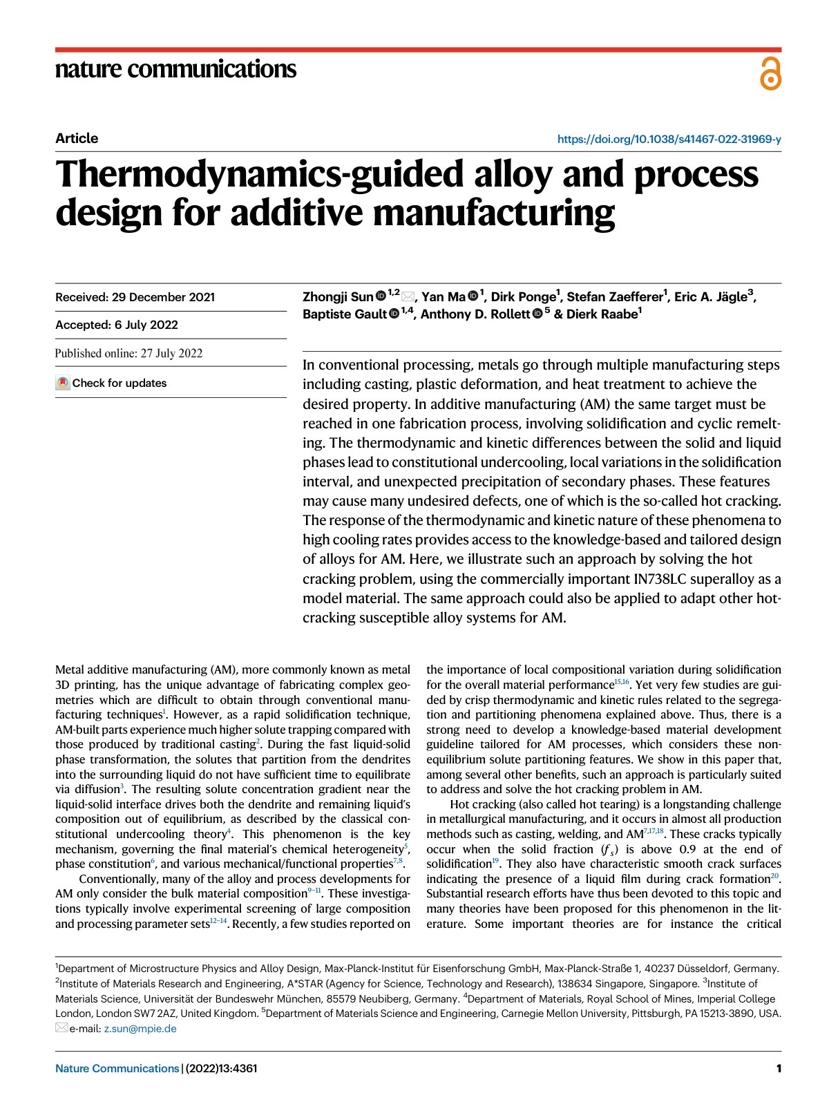 First page of Thermodynamics-guided alloy and process design for additive manufacturing