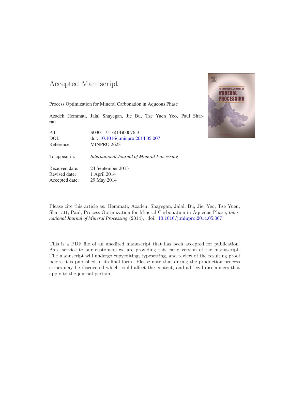 First page of Process optimization for mineral carbona