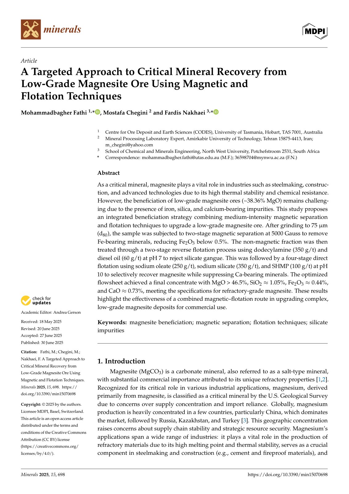 First page of A Targeted Approach to Critical Mineral Recovery from Low-Grade Magnesite Ore Using Magnetic and Flotation Techniques