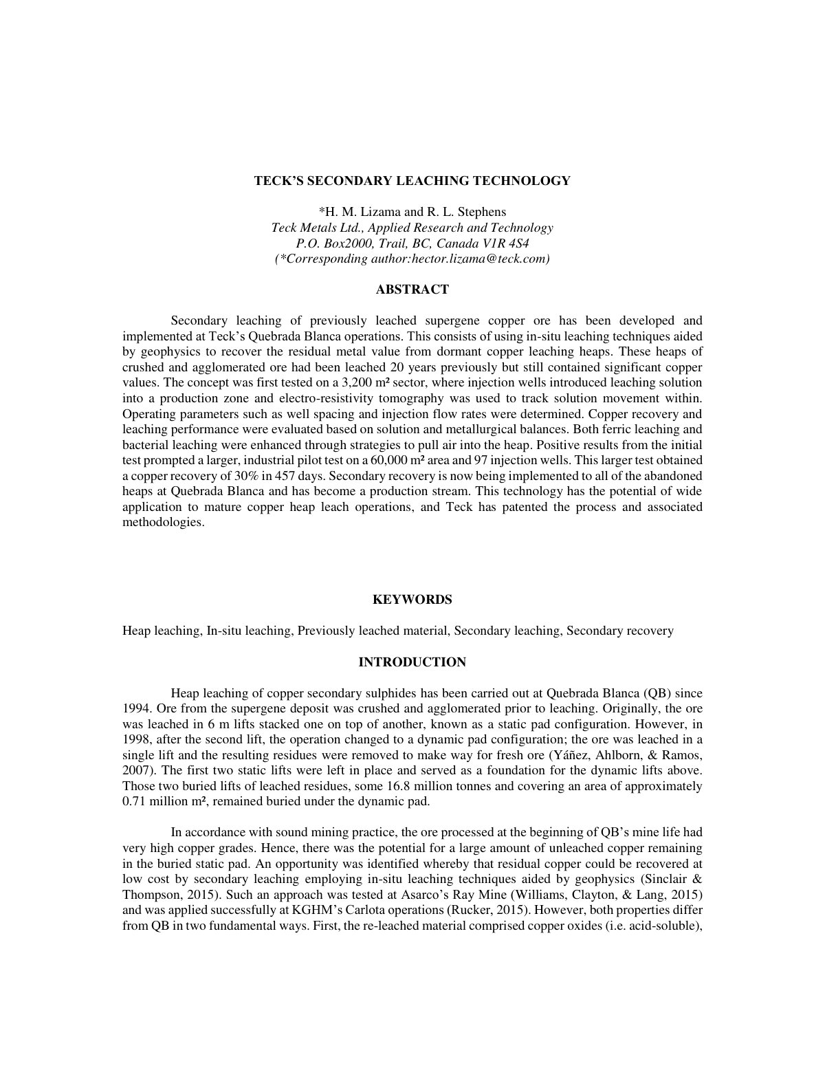 First page of TECK’S SECONDARY LEACHING TECHNOLOGY