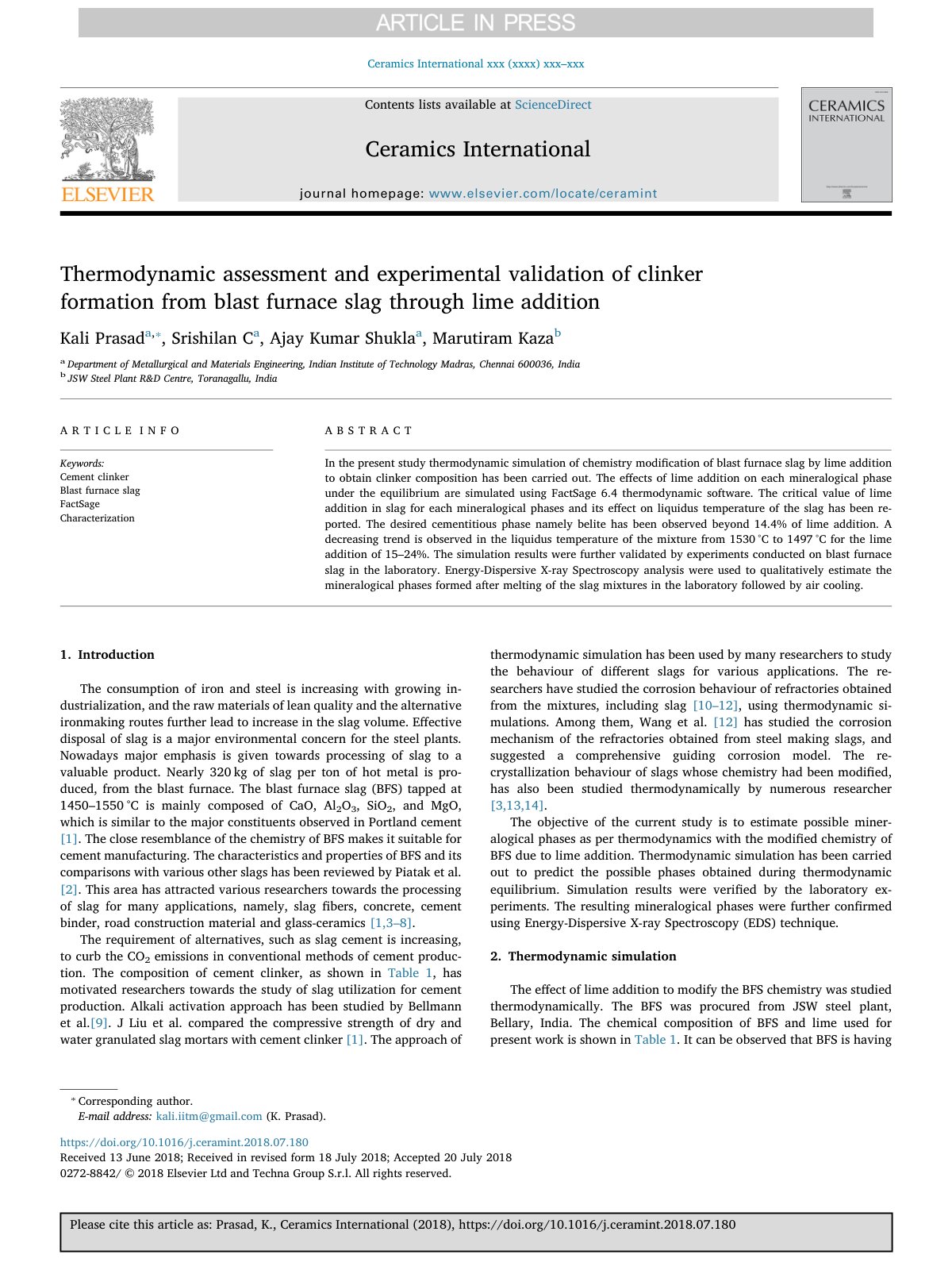 First page of Thermodynamic assessment and experimenta