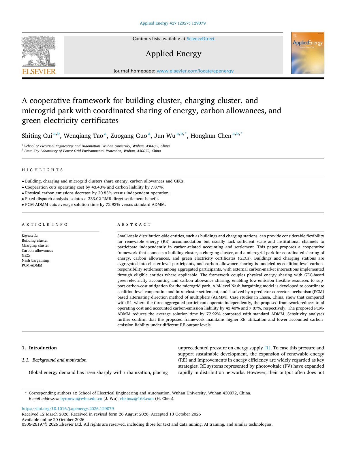First page of A cooperative framework for building cluster  charging cluster  a 2027 Appli