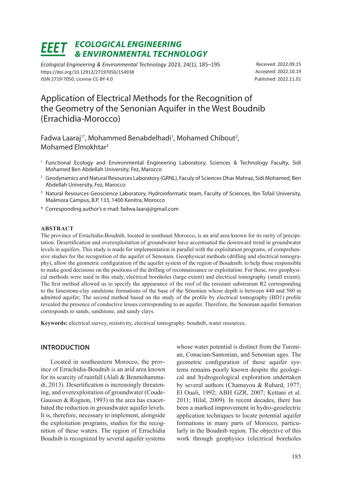 First page of Application of Electrical Methods for the Recognition of the Geometry of the Senonian Aquifer in the West Boudnib (Errachidia-Morocco)