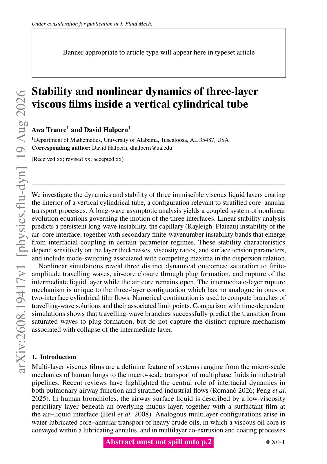 First page of Stability and nonlinear dynamics of three-layer viscous films inside a vertical cylindrical tube