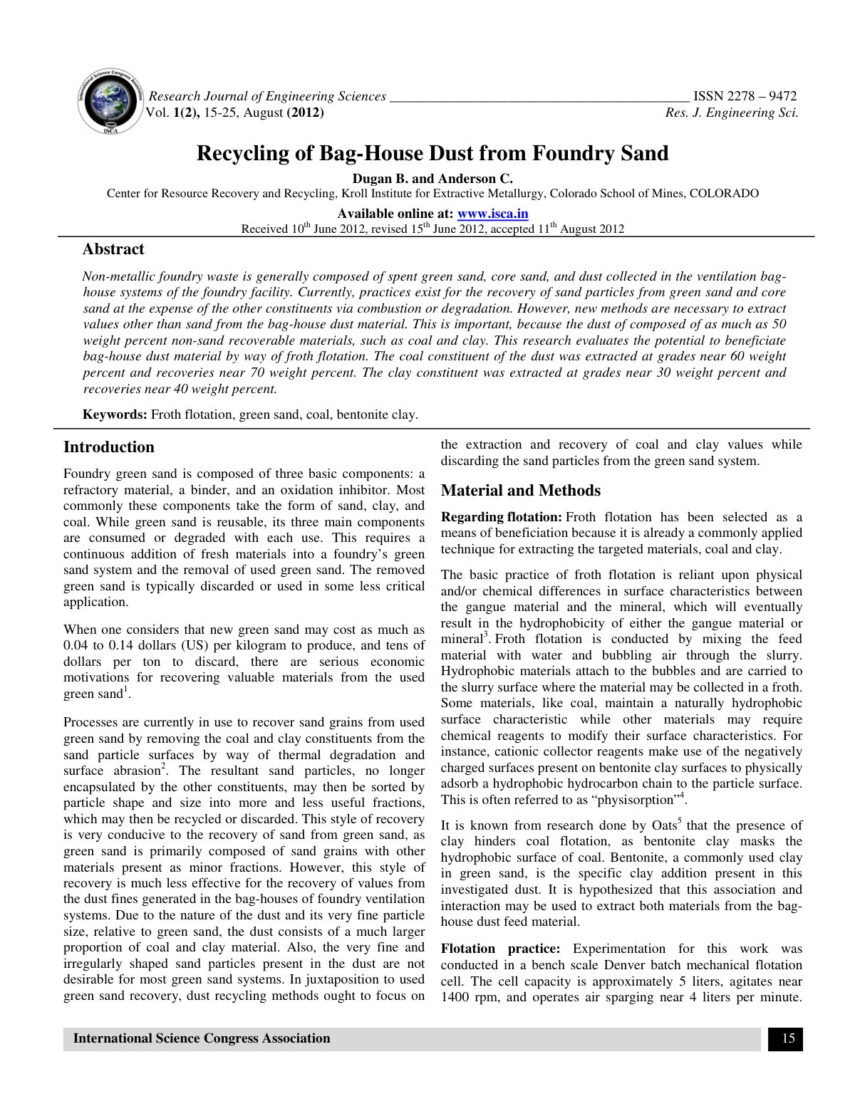 First page of Recycling of Bag House Dust from Foundry Sand