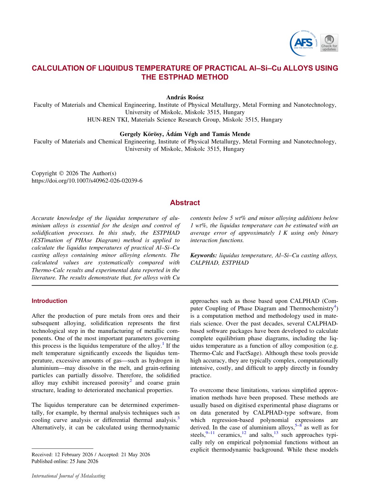 First page of 2026 Roosz AlSiCu Liquidus ESTPHAD