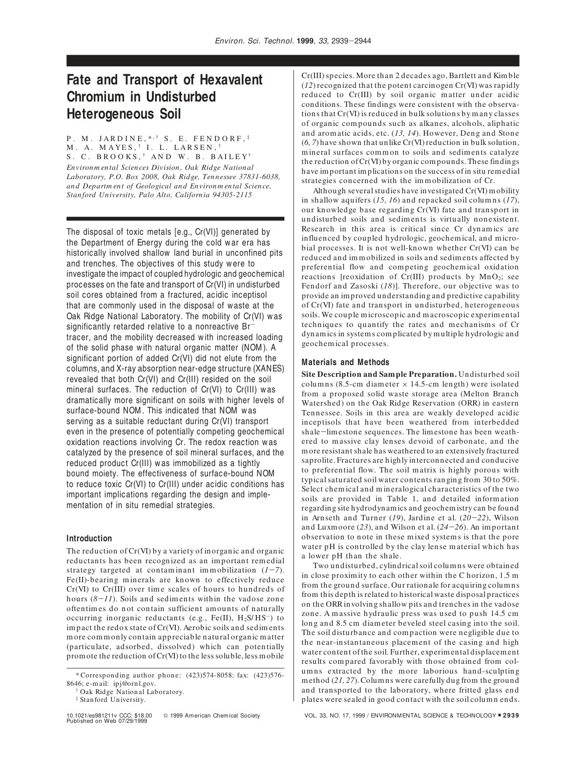 First page of Fate and Transport of Hexavalent Chromium in Undisturbed Heterogeneous Soil