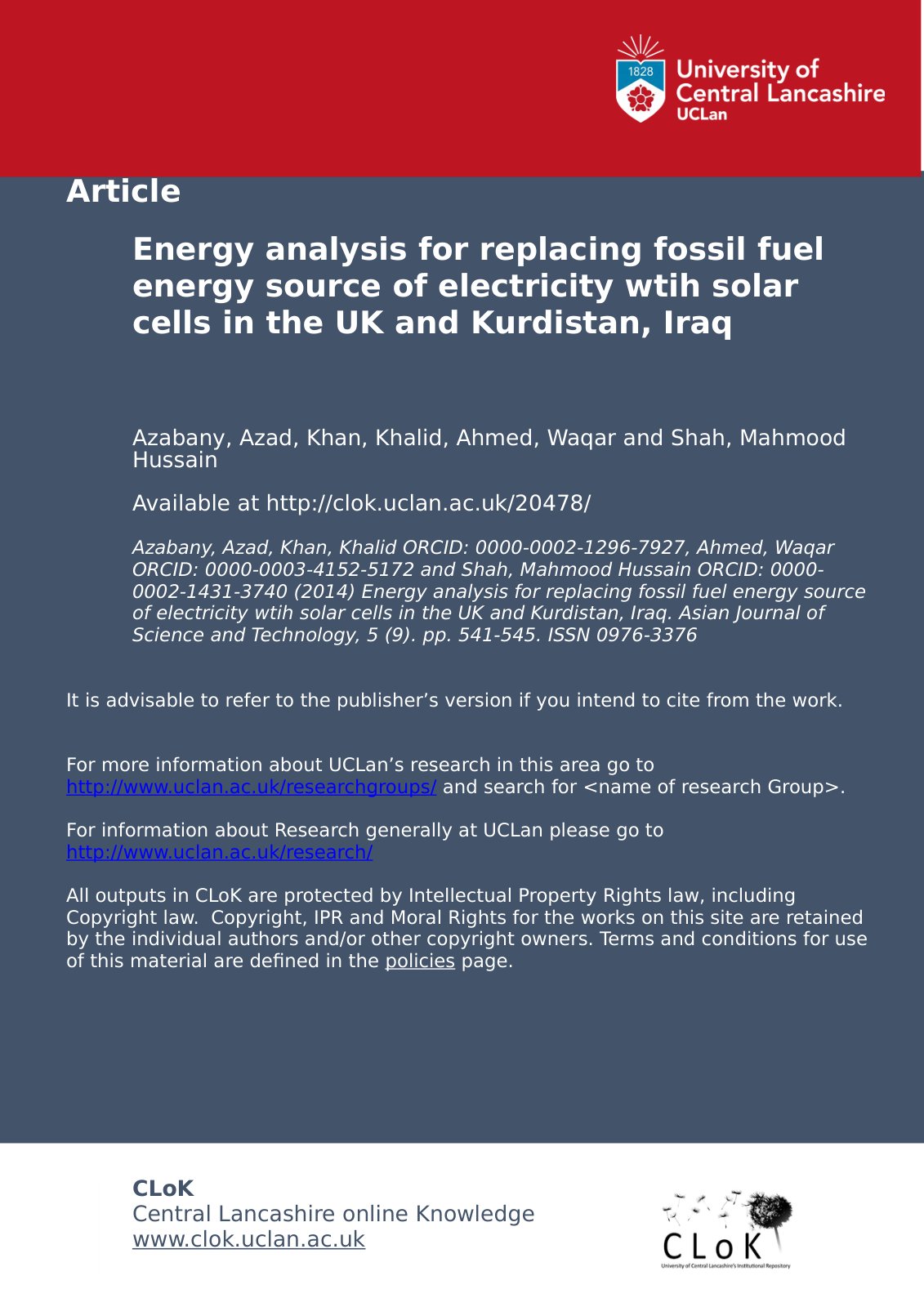 First page of Energy analysis for replacing fossil fue