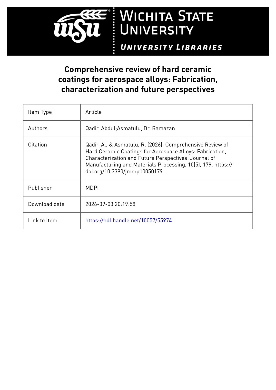 First page of 2026 Qadir Hard Ceramic Coatings Aerospace Alloys Review