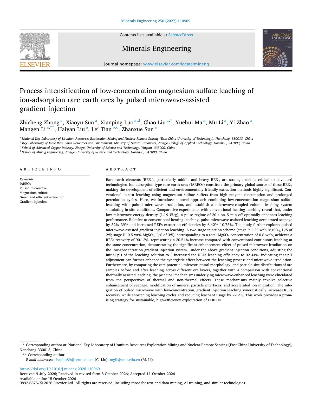 First page of Process intensification of low concentration magnesium sulfate 2027 Minerals