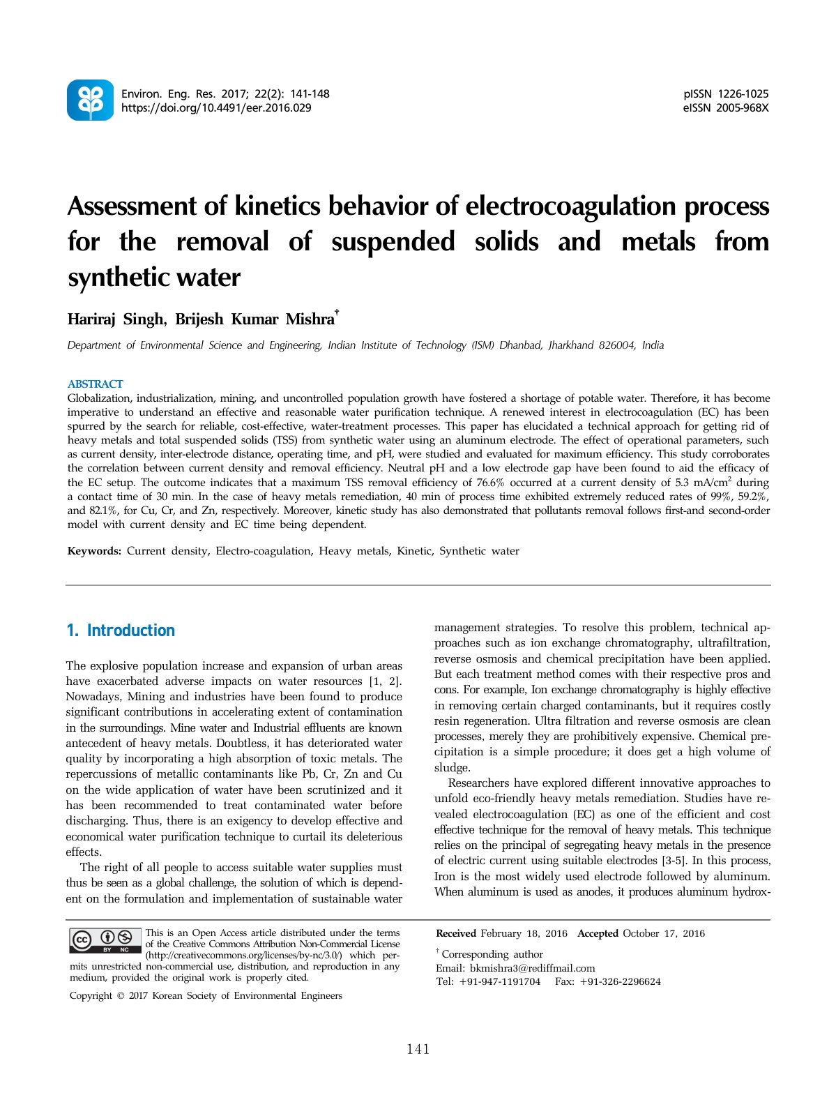 First page of Assessment of kinetics behavior of electrocoagulation process for the removal of suspended solids and metals from synthetic water