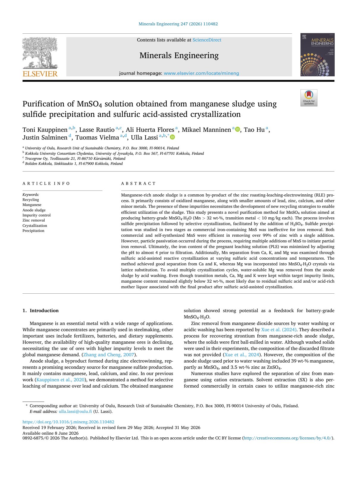 First page of Purification of MnSO4 solution obtained from manganese sludge 2026 Minerals 