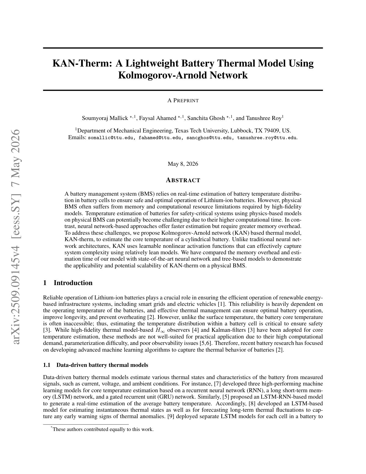 First page of KAN-Therm: A Lightweight Battery Thermal Model Using Kolmogorov-Arnold Network
