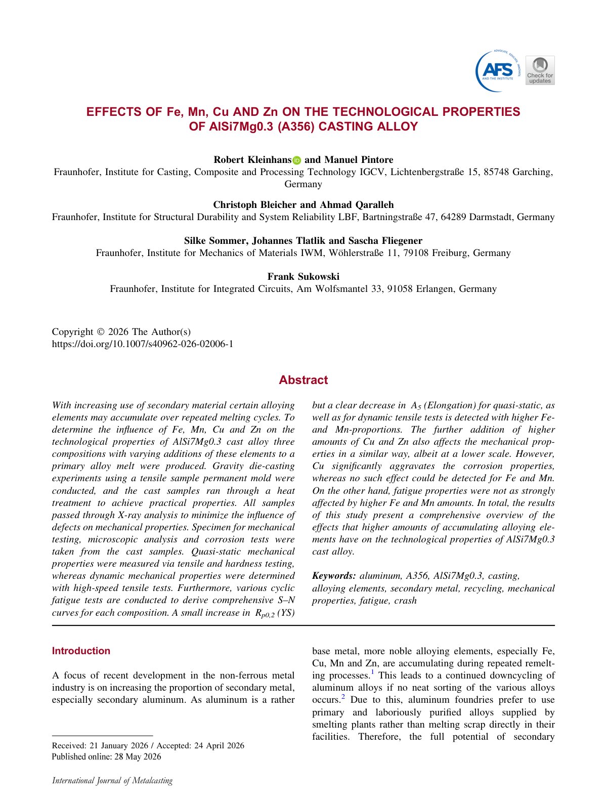 First page of 2026 Kleinhans AlSi7Mg03 Casting Alloy Properties