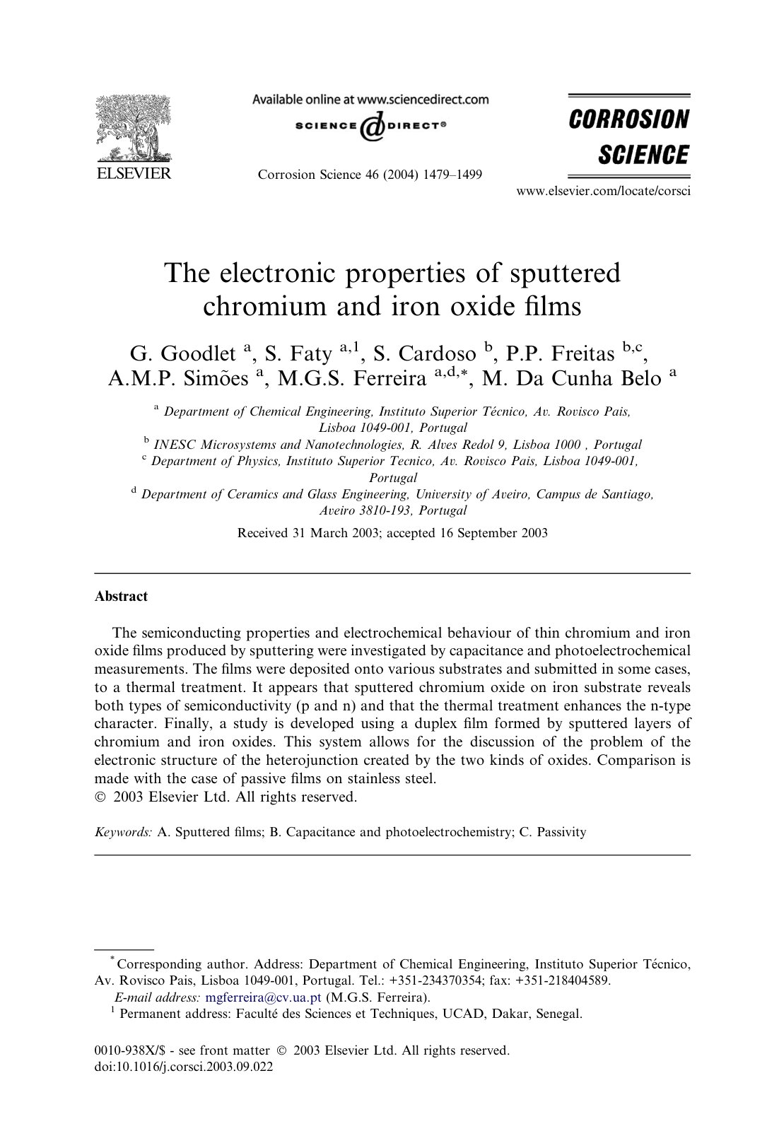First page of The electronic properties of sputtered chromium and iron oxide ﬁlms