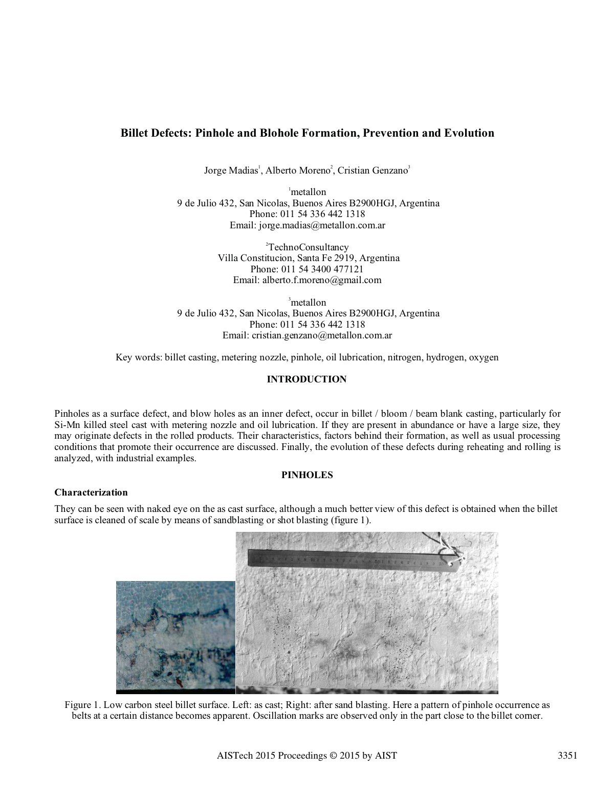 First page of Billet Defects Pinhole and Blohole Forma