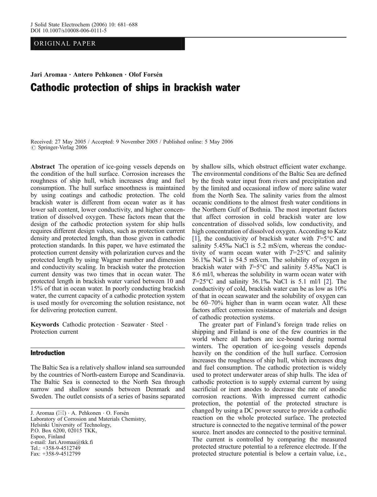 First page of Cathodic protection of ships in brackish water