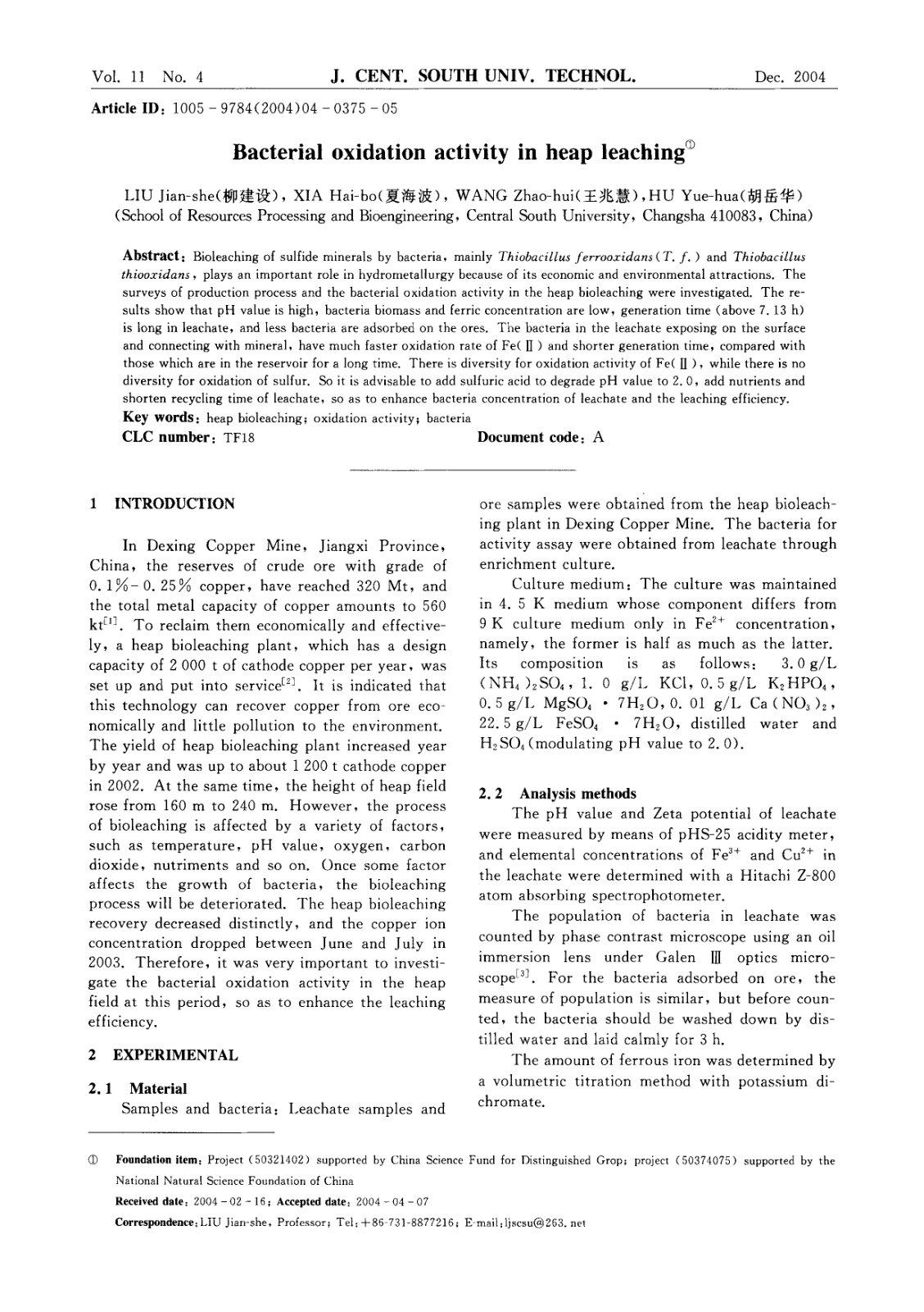 First page of Bacterial oxidation activity in heap lea