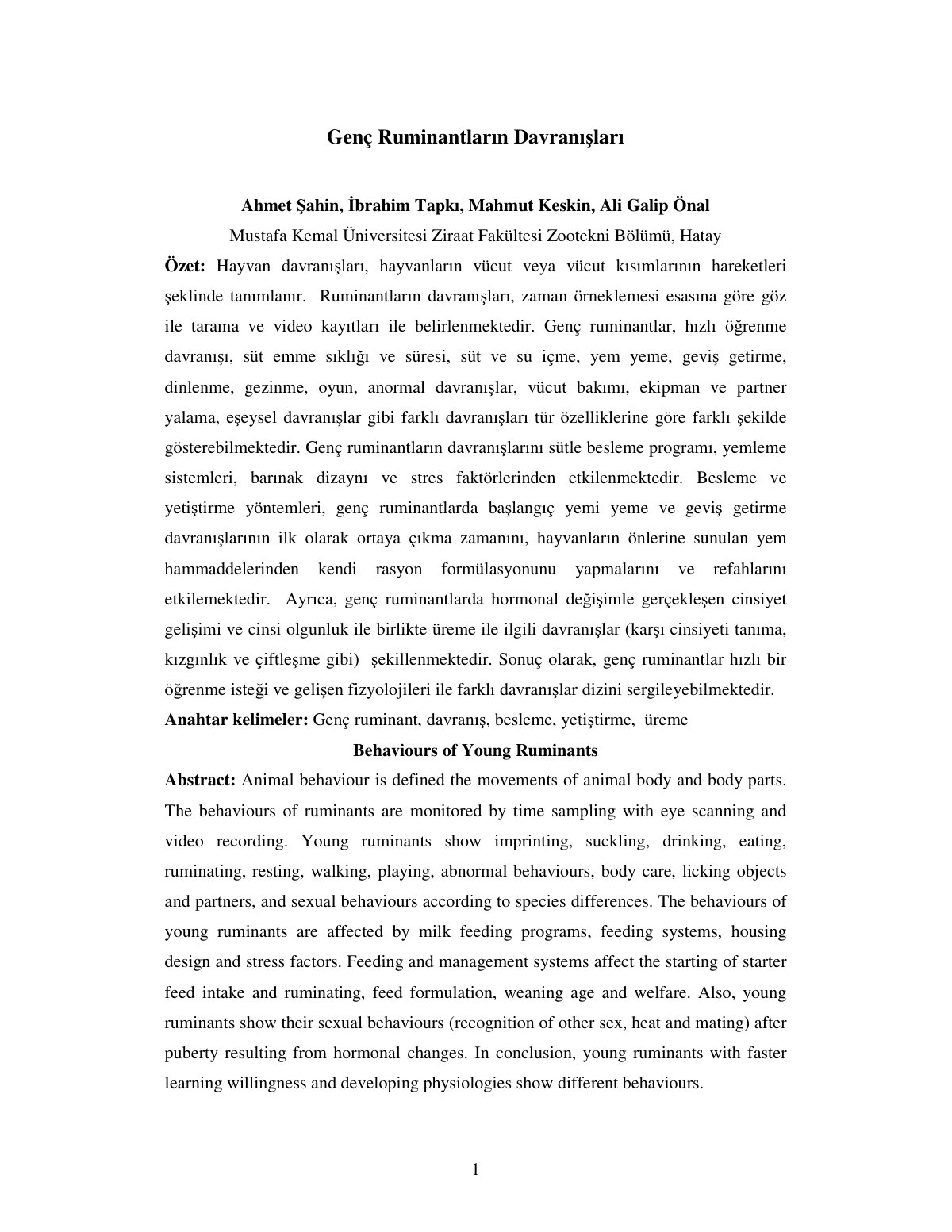 First page of Genç Ruminantların Davranıları