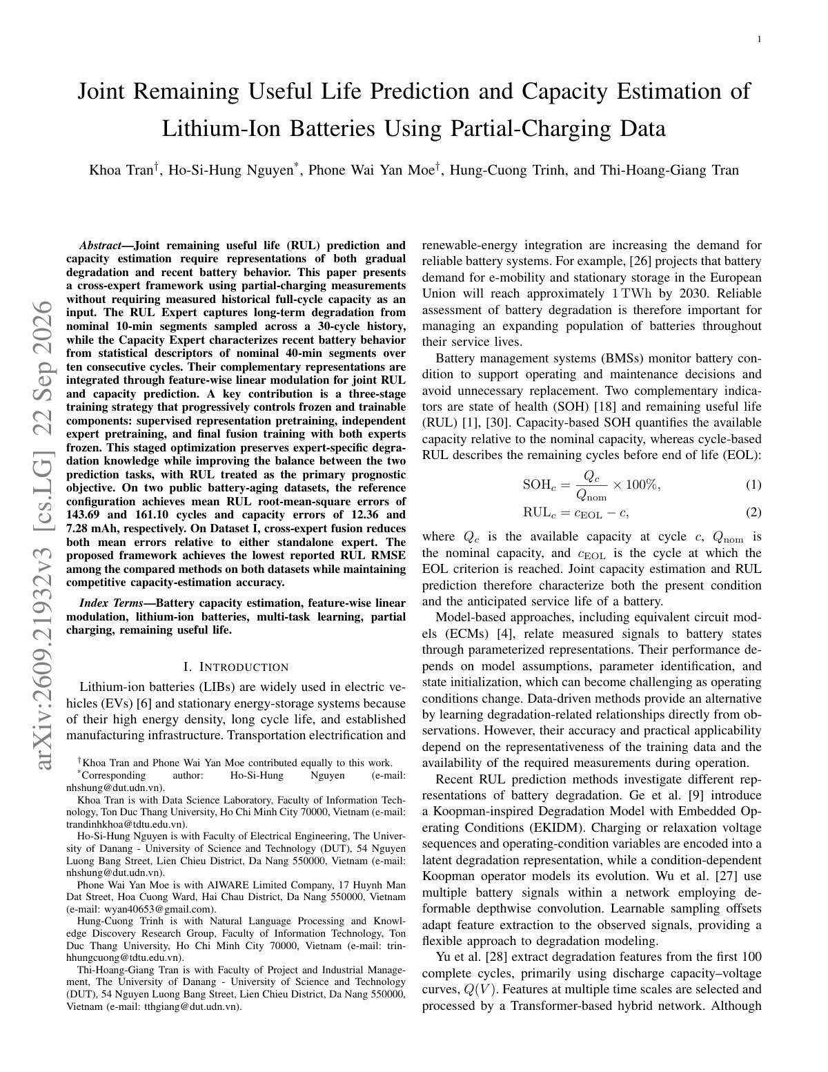 First page of Joint Remaining Useful Life Prediction and Capacity Estimation of Lithium-Ion Batteries Using Partial-Charging Data