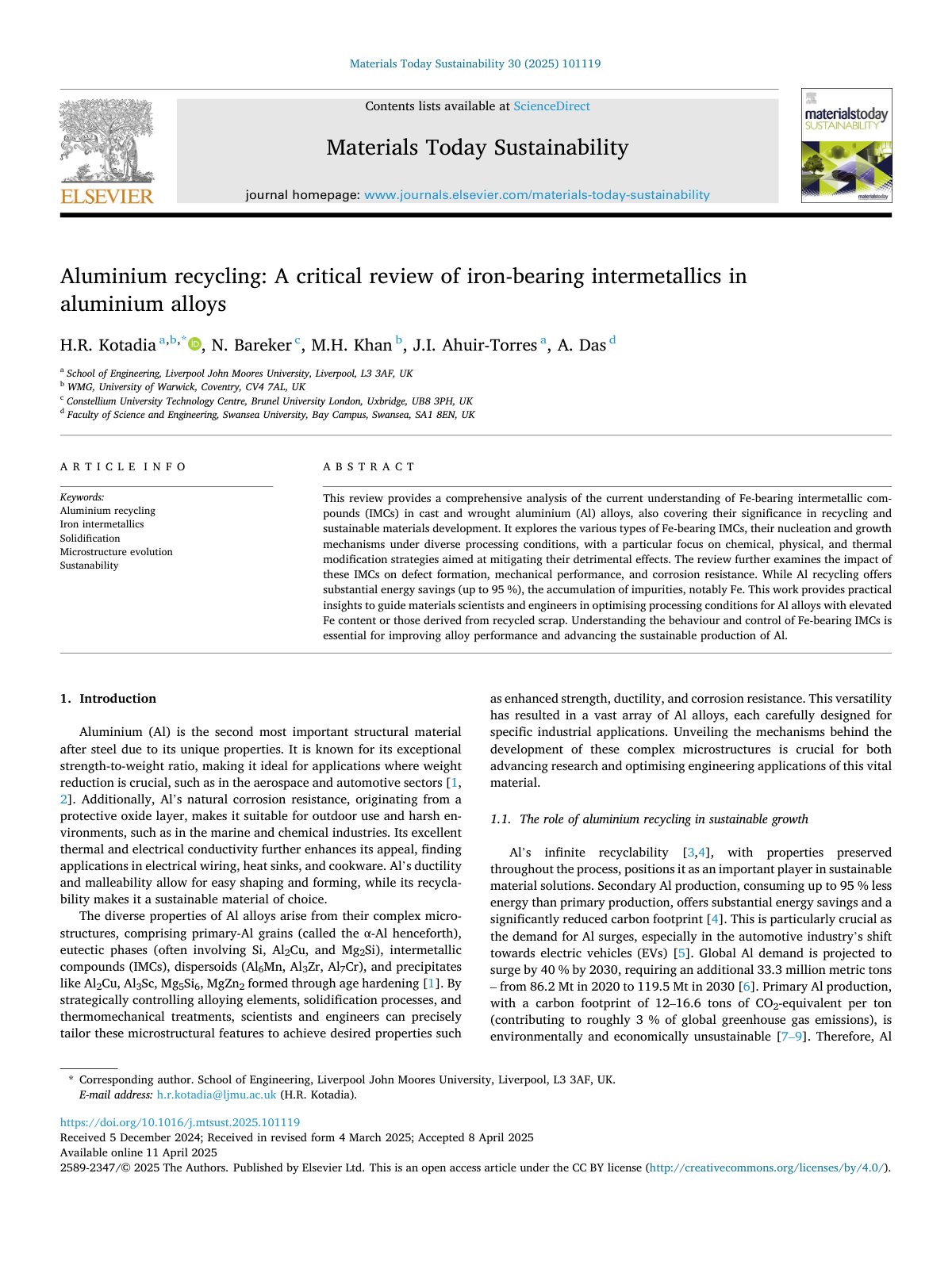 First page of Aluminium recycling: A critical review of iron-bearing intermetallics in aluminium alloys
