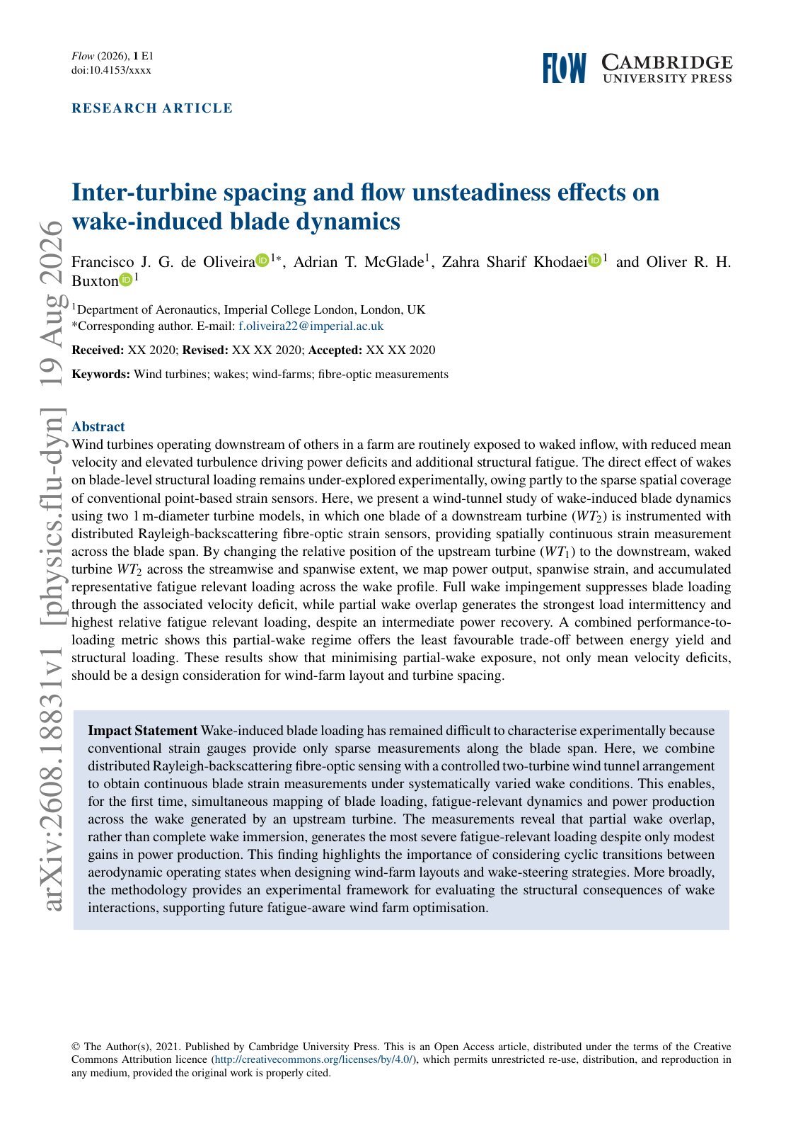 First page of 2026 de Oliveira Wake Induced Blade Dynamics