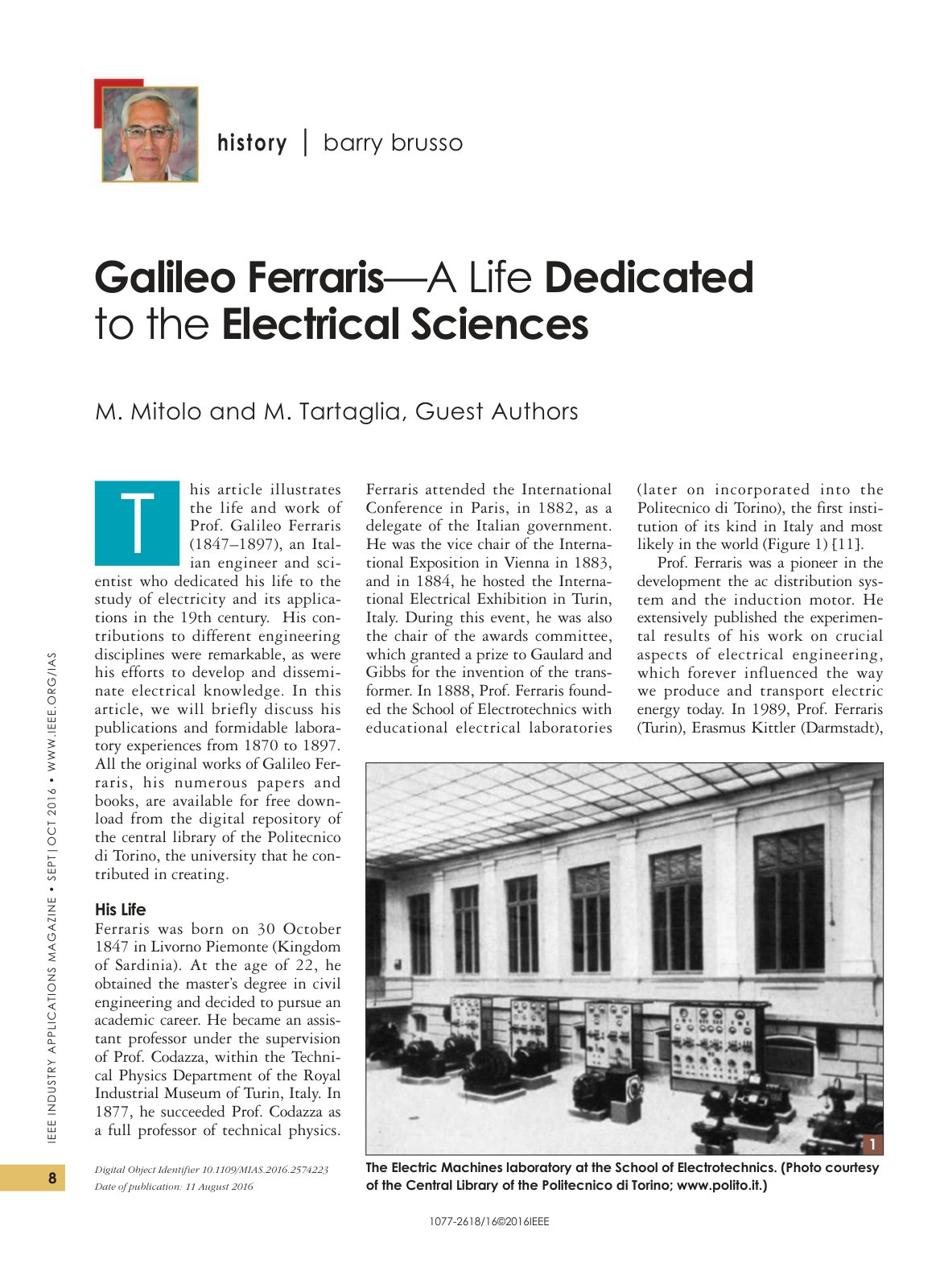First page of Galileo Ferraris—A Life Dedicated to the Electrical Sciences