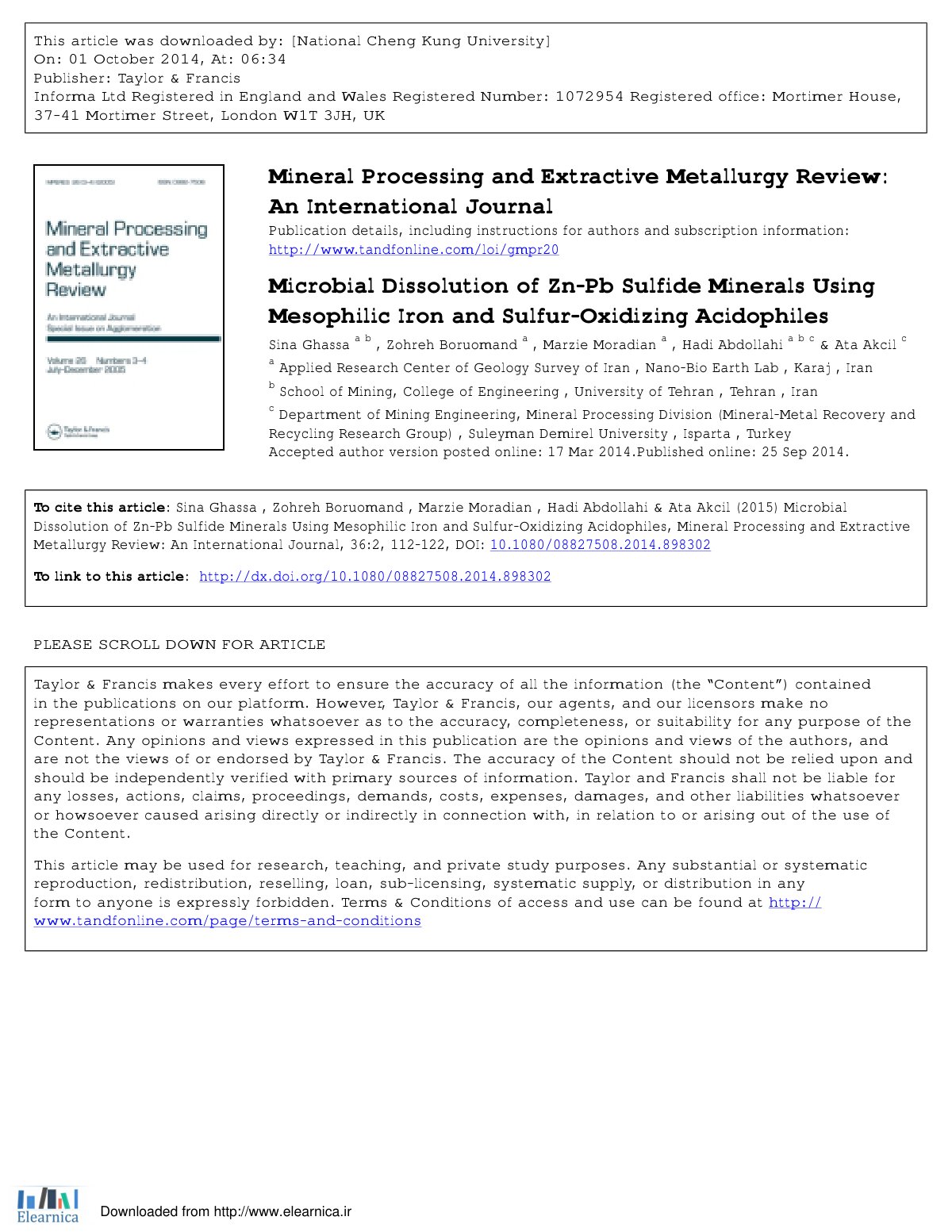 First page of Microbial Dissolution of Zn Pb Sulfide M