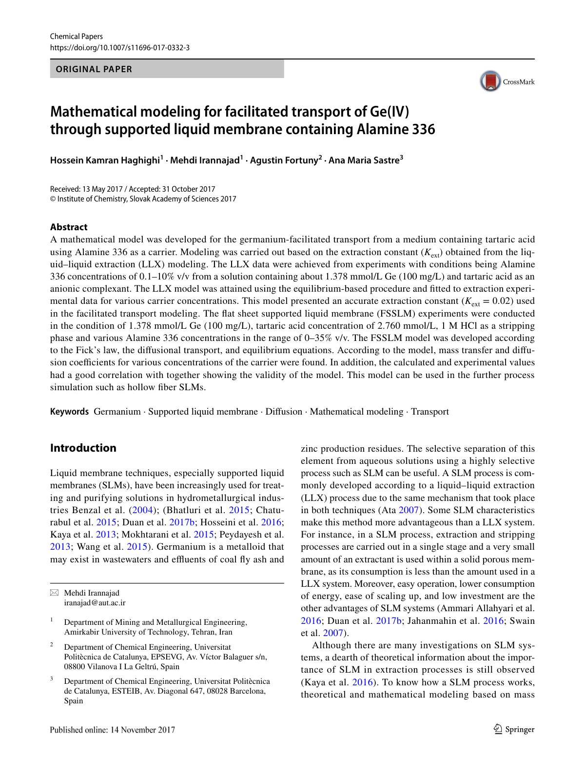 First page of Mathematical modeling for facilitated tr