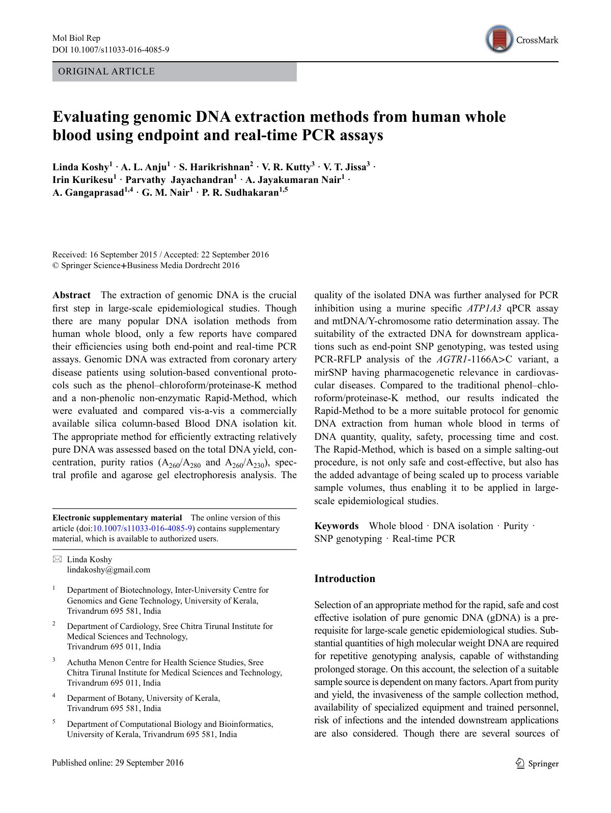 First page of Evaluating genomic DNA extraction methods from human whole blood using endpoint and real-time PCR assays
