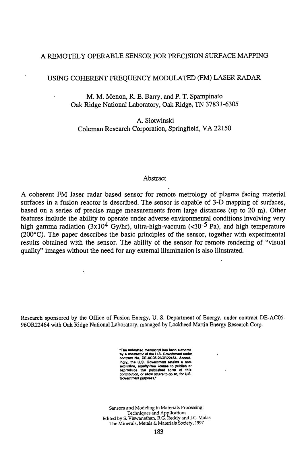 First page of A REMOTELY OPERABLE SENSOR FOR PRECISION SURFACE MAPPING USING COHERENT FREQUENCY MODULATED (FM) LASER RADAR