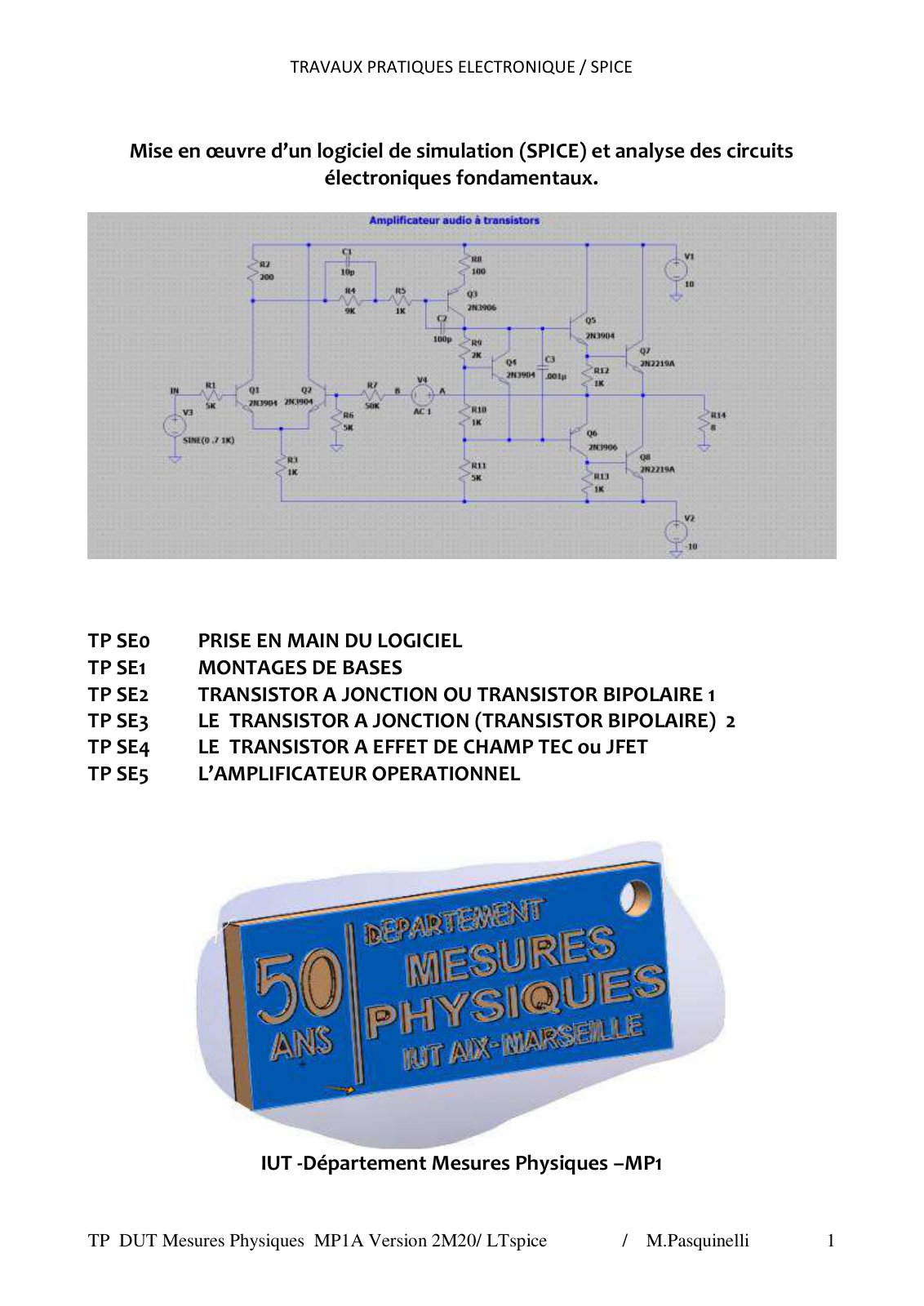 First page of TRAVAUX PRATIQUES ELECTRONIQUE / SPICE