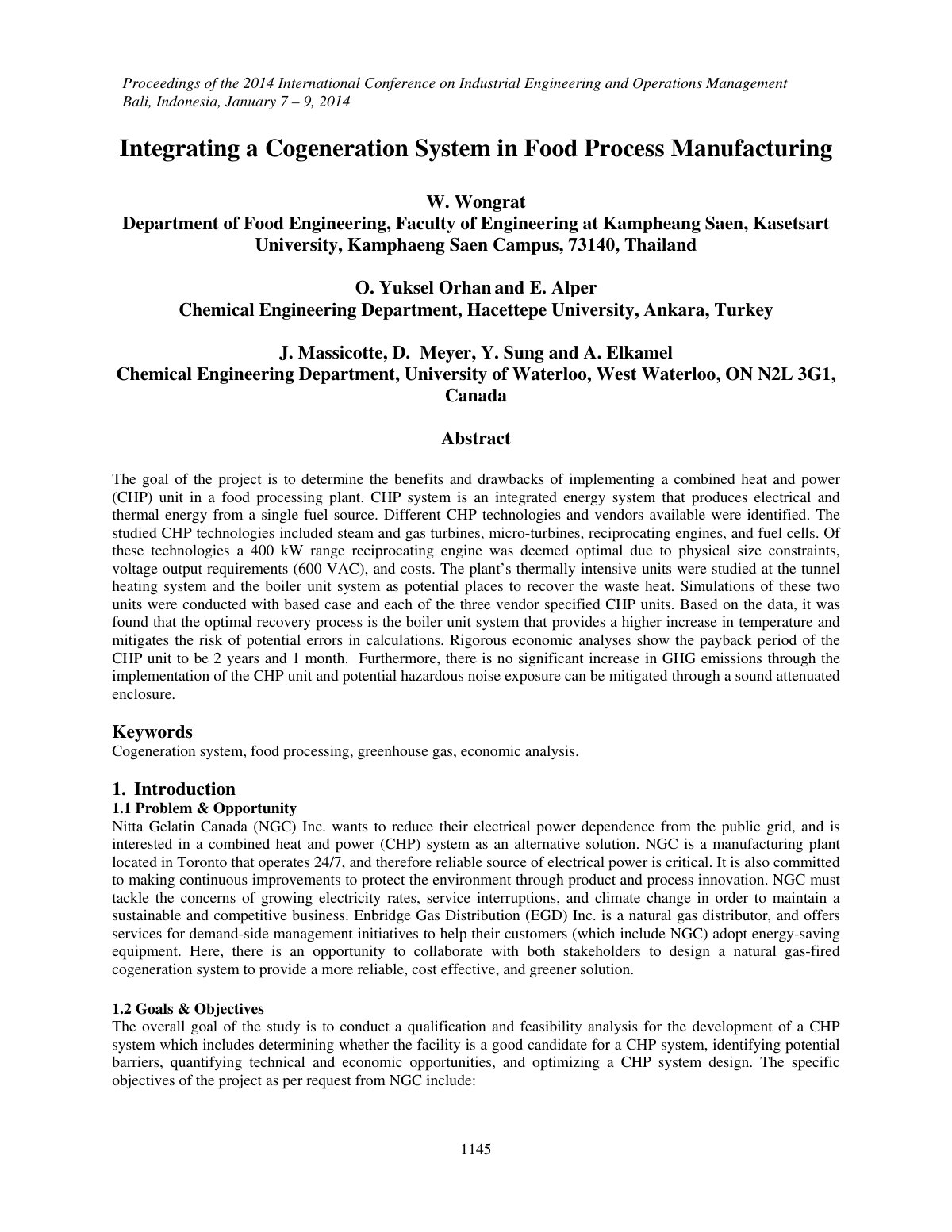 First page of Integrating a Cogeneration System in Food Process Manufacturing